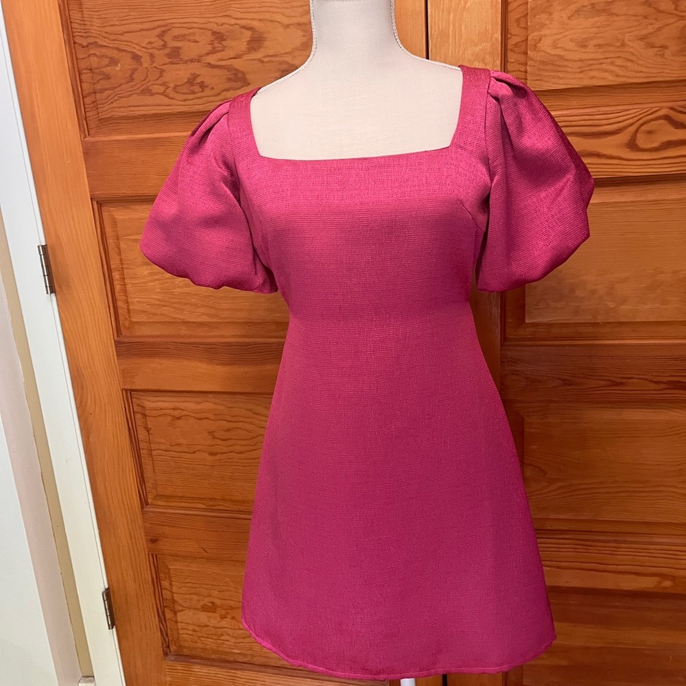 Pink Puff Sleeve Mini Dress for Wedding Guests